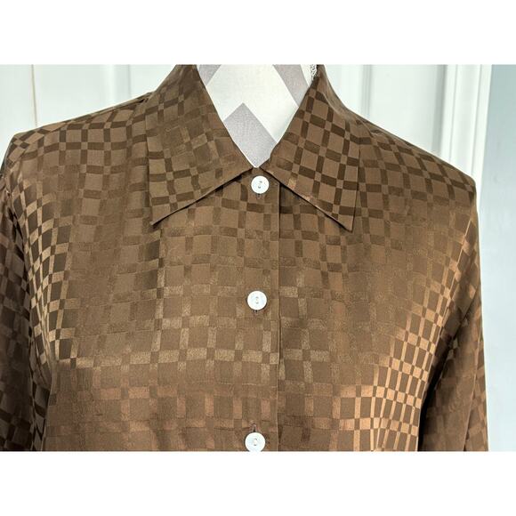 Riva Ladies Vintage Silk Brown Top Blouse Button-up Long Sleeve Career Office - Picture 4 of 6